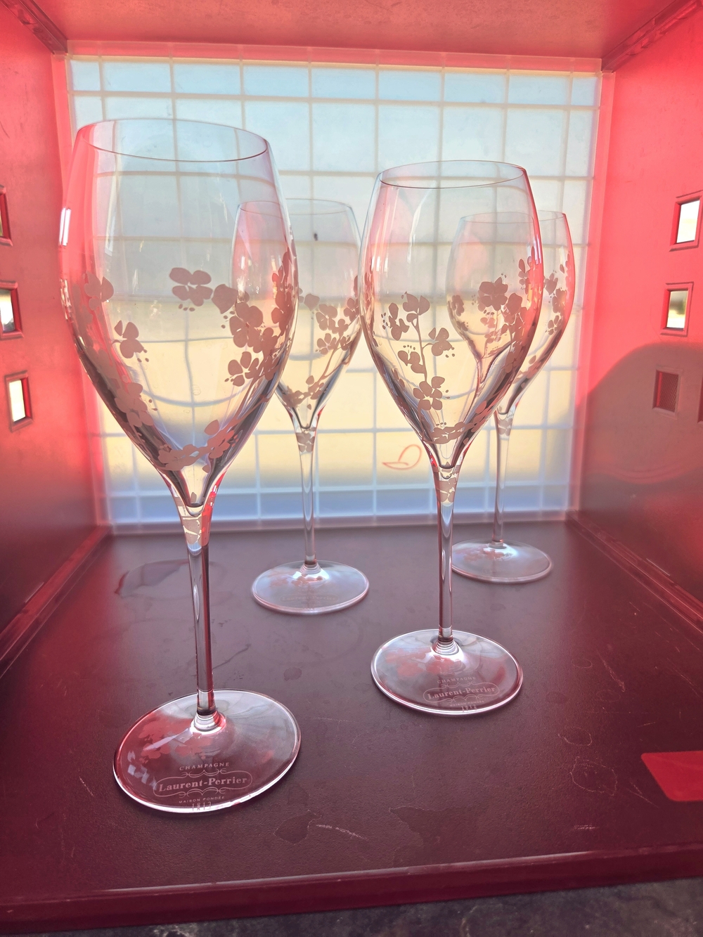 Vintage set/4 Laurent-Perrier cherry blossom champagne glasses *Authentic Etch